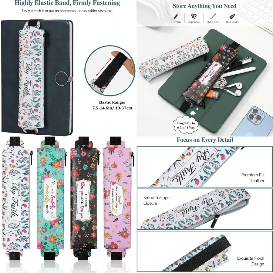 

MoKo Elastic Pen Holder for Notebook 4 Pieces PU Leather Pencil Case with Adjustable Band Stationery School Supplies Zipper Bag