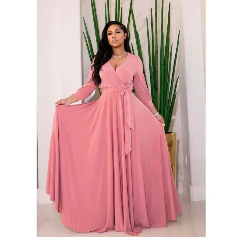 Women Elegant Dress Large Big Size 2XL XL High Waist Full Sleeve V Neck A Line Floor Length Evening Night Party Long Vestidos