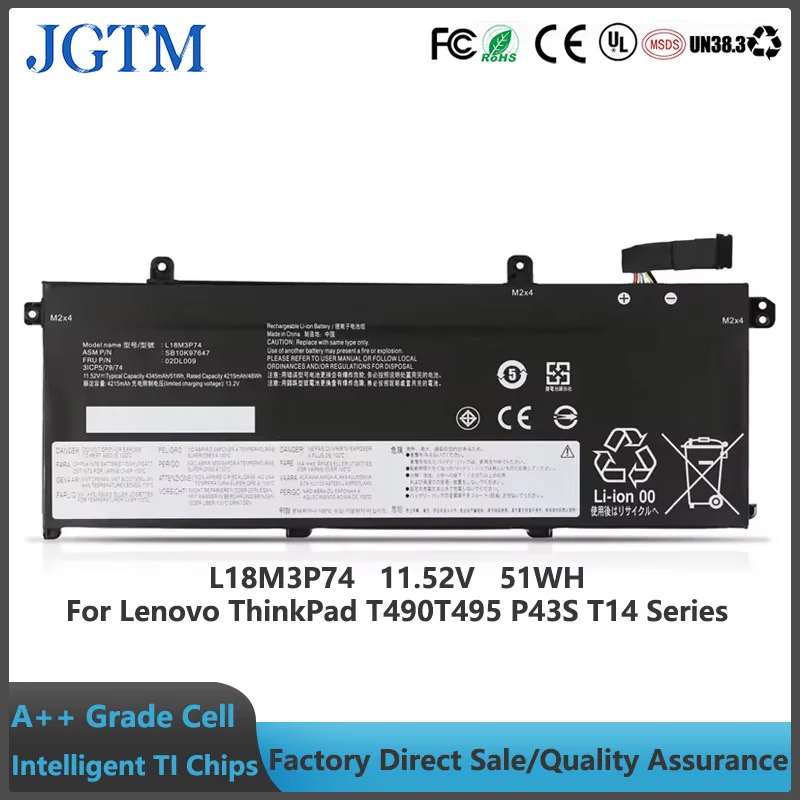 

JGTM L18M3P73 L18M3P74 Laptop Battery for Lenovo ThinkPad T490 T495 P43S T14 P14s Gen 1st 2nd Series SB10K97647 11.55V 51Wh