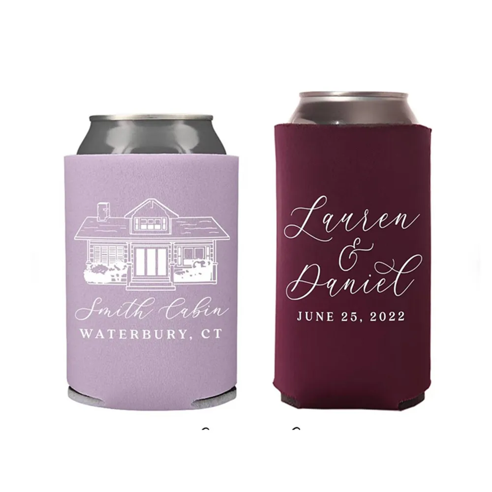 Wedding Regular & Slim Can Cooler Package #191RS - Custom Venue Illustration - Wedding Favor Package, Wedding Favor, Beer Can Ho