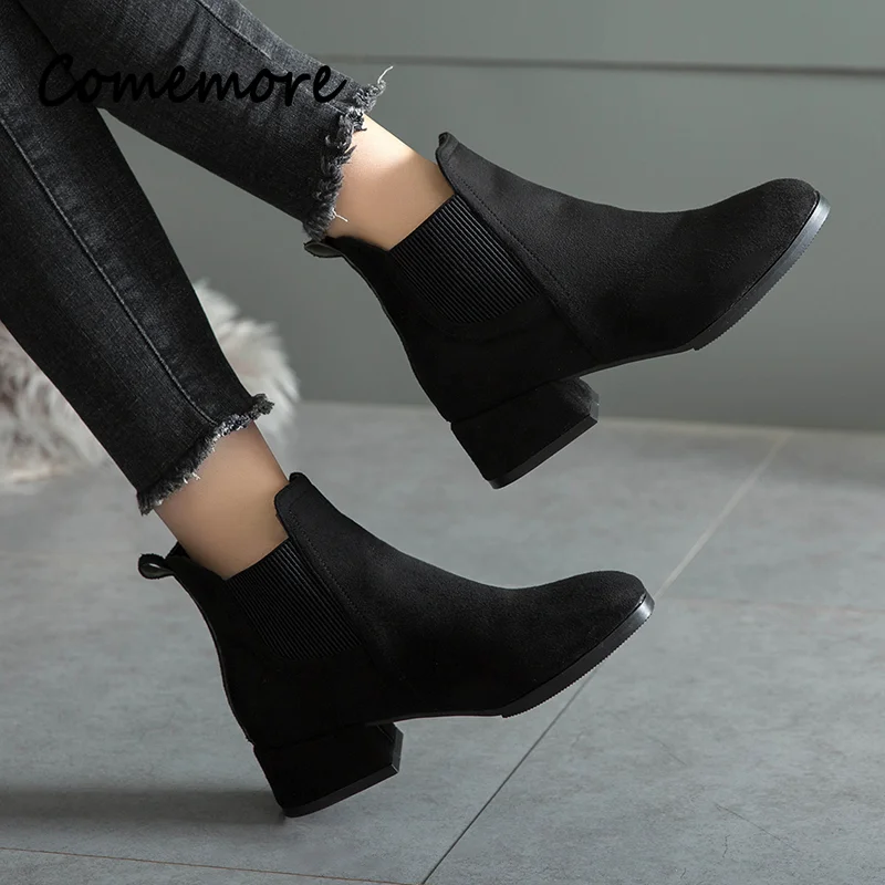 Comemore kobiety średnie obcasy czarne zimowe futerkowe buty 2023 Suede Chunky Heel Chelsea buty moda kobieta botki Botas Mujer 41