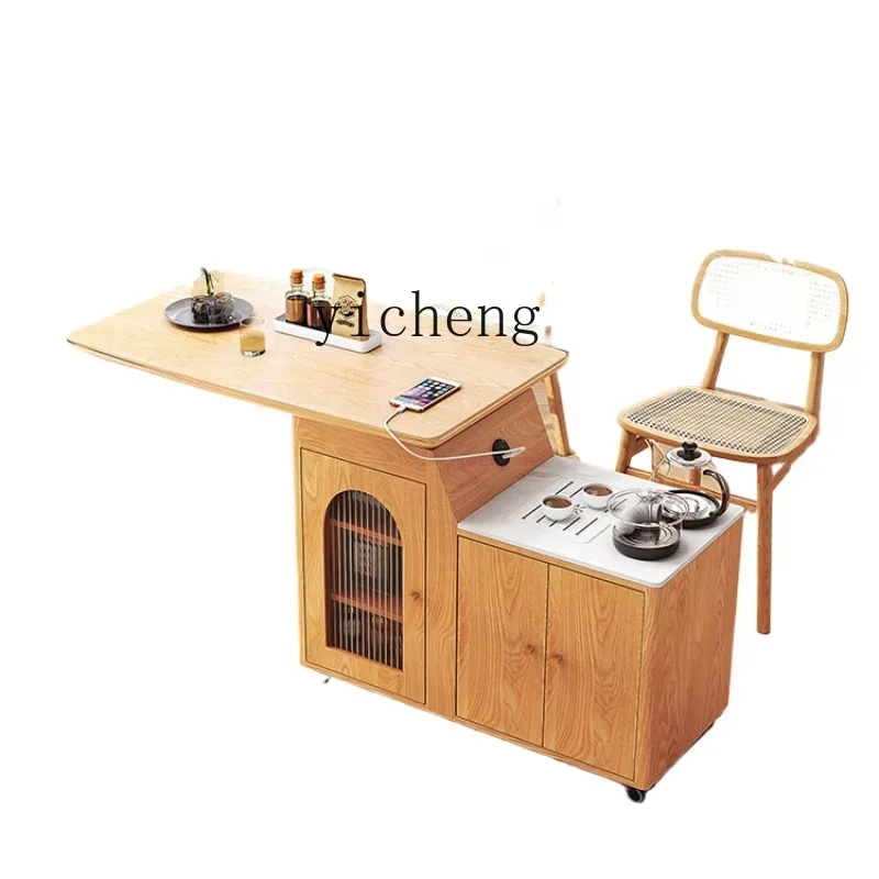 ZC Solid Wood Tea Cart Living Room Sofa Tea Side Cabinet Log Wind Multifunctional Home Balcony Movable Tea Table