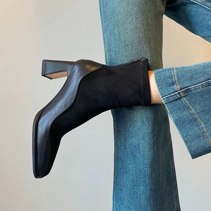 خمر سليم أشار تو كعب سميك قصير انغلق المخملية منتصف العجل مثير عبر الحدود أحذية الموضة الأحذية النسائية #4