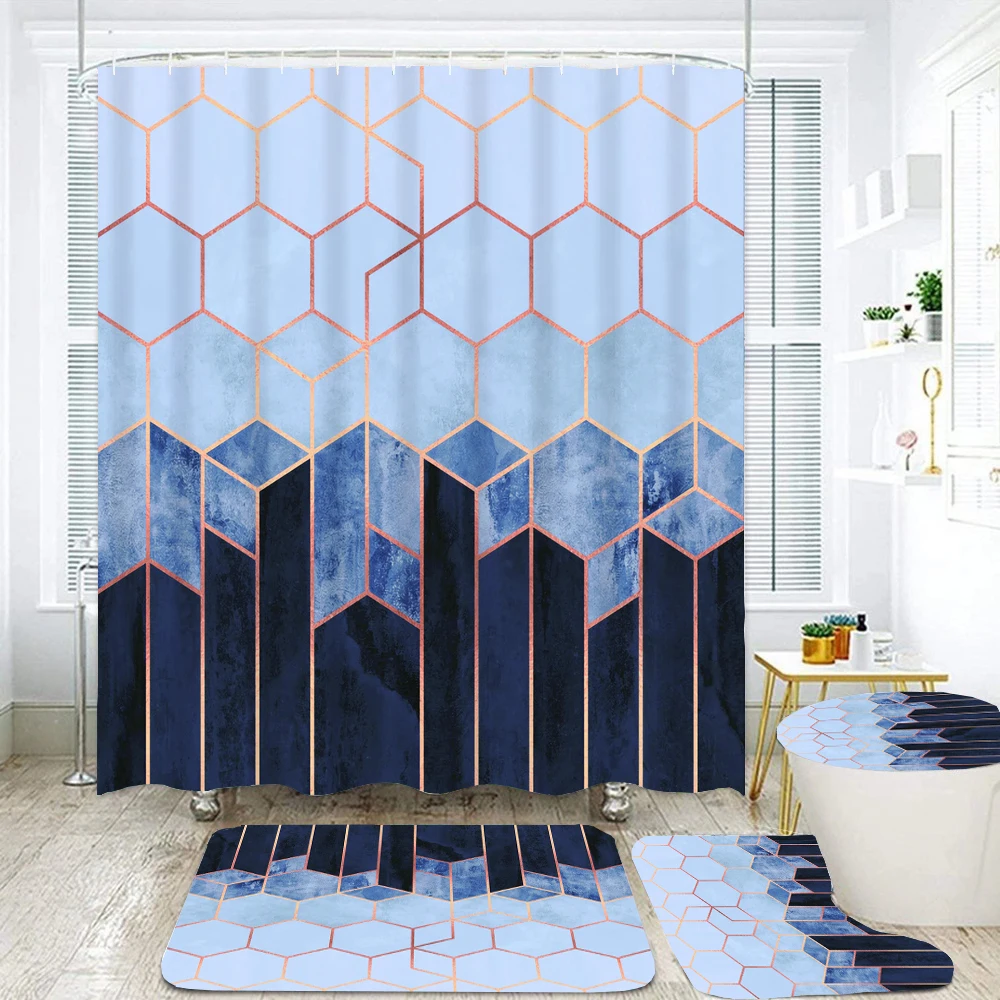 

Geometric Marble Print Shower Curtain Bath Mat Set Soft Carpet Anti-slip Rug Toilet Lid Cover Bathroom Curtain Modern Home Decor