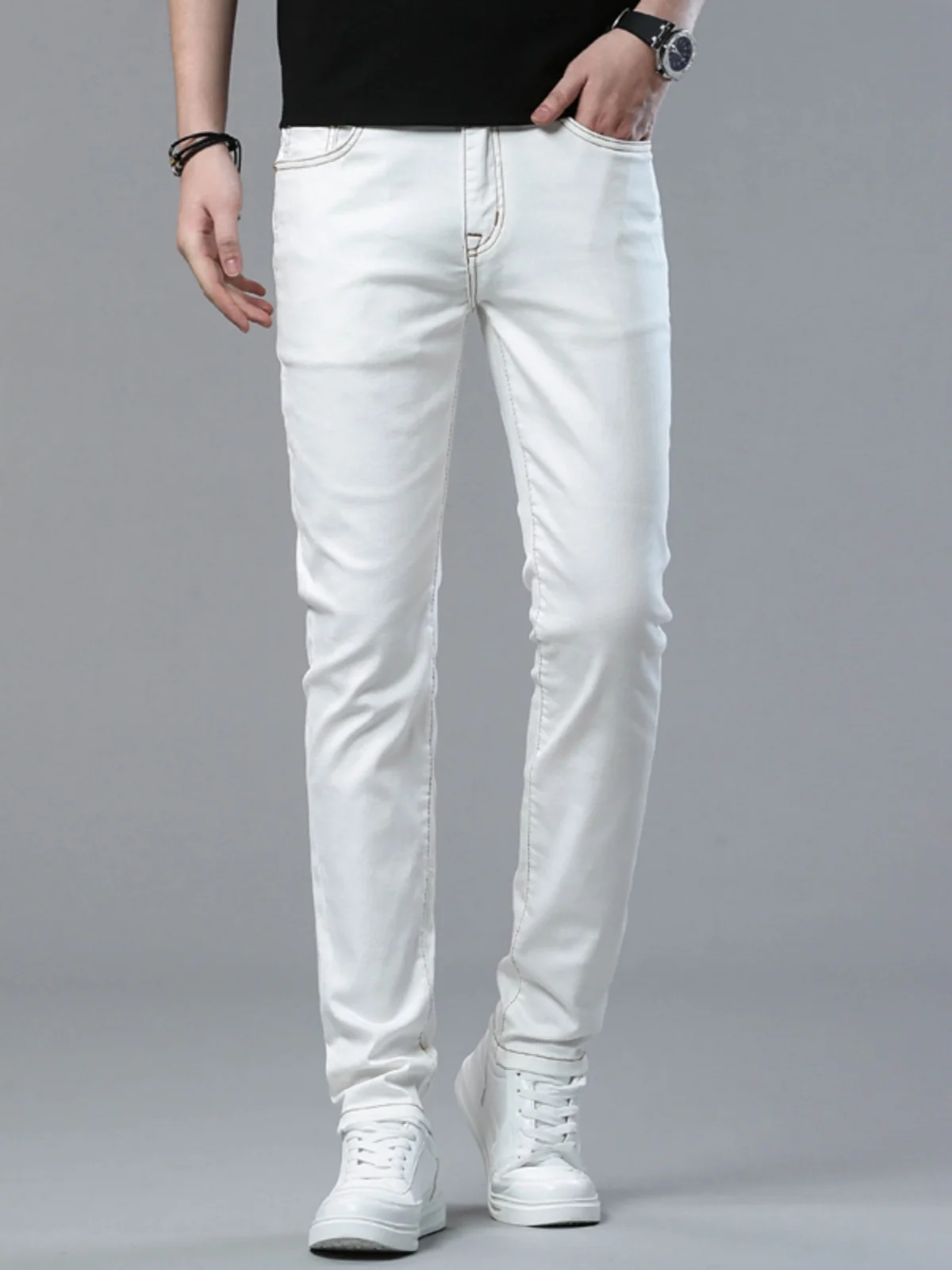 

Белые мужские джинсы премиум-класса 2023 года, новые, облегающие, летние, тонкие, эластичные, повседневные, длинные брюки, модные, из хлопкового стрейч-денима, со средней посадкой, на молнии