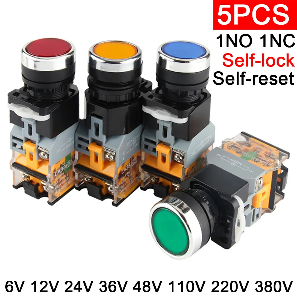 

5 шт. LA38-11D со световым кнопочным переключателем NO NC мгновенный постоянный ток 12 В 24 В 36 В переменного тока 220 В 380 В самоблокирующиеся светодиодные индикаторы с самовозвратом 22 мм