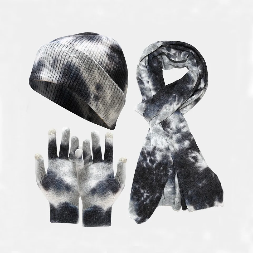 Knitted hat set Tie dye mix color scarf gloves three-piece set warm colorful thickened set outdoor adult Winter