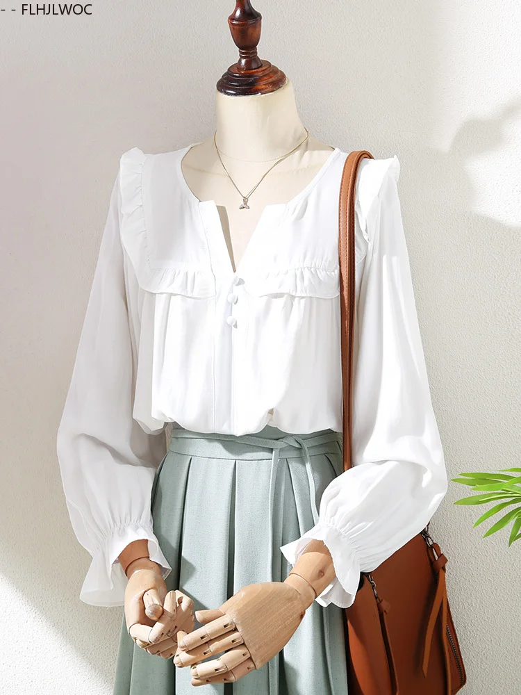 Cute Sweet Tops Short New Design 2025 Woman Preppy Style Japan Girls Flare Sleeve Ruffles Trim Edge Casual White Shirts Blouse