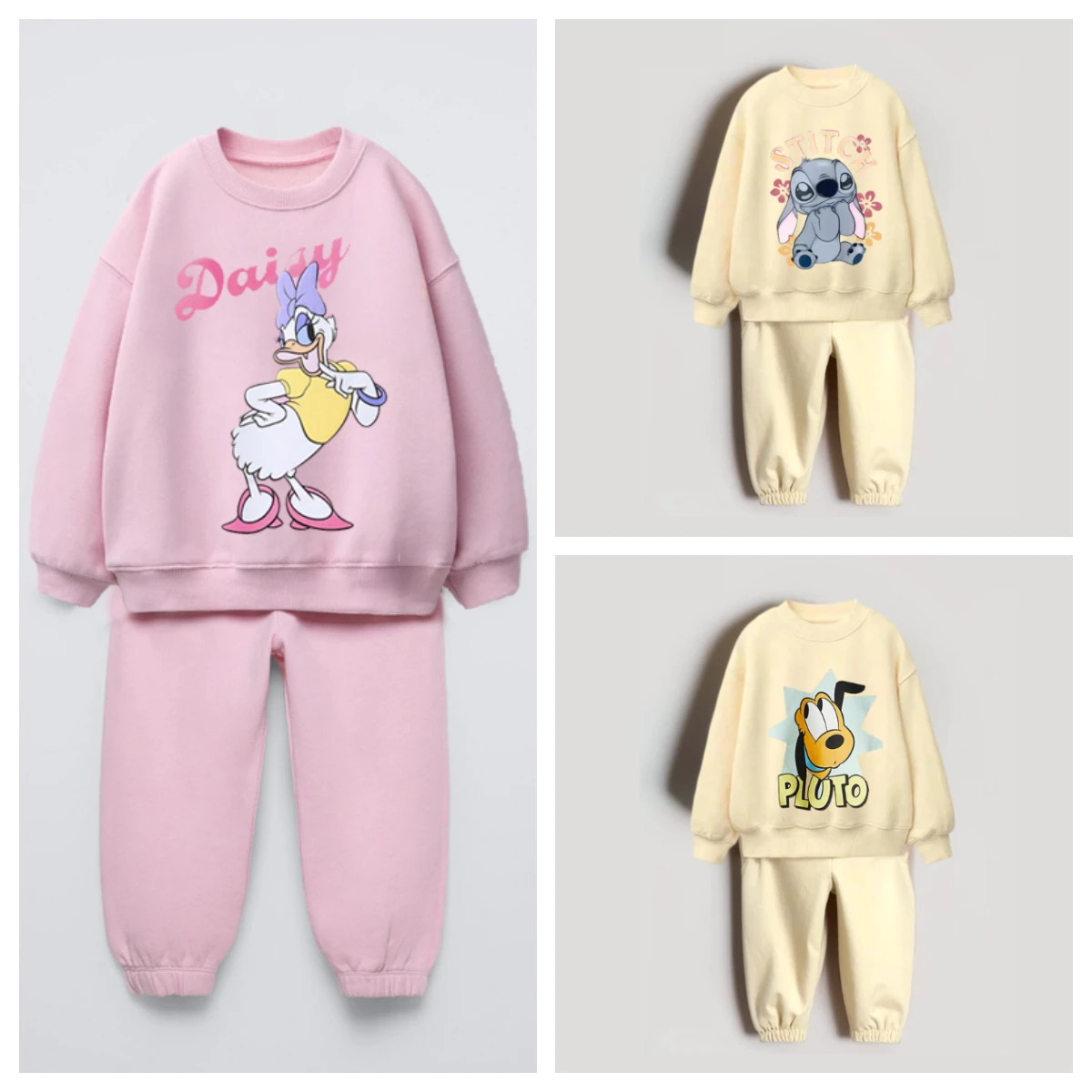 Pink And Light Yellow Casual Suit Top + Pants Round Neck Long Sleeved Loose And Comfortable 2-Piece Set For Boys And Girls