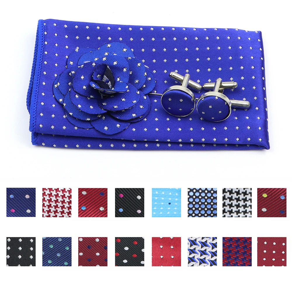 New Design Red Handkerchief Set Men Polka Dot Pattern Flower Brooch Pocket Square Cufflink Collar Daily Casual Accessories Gifts