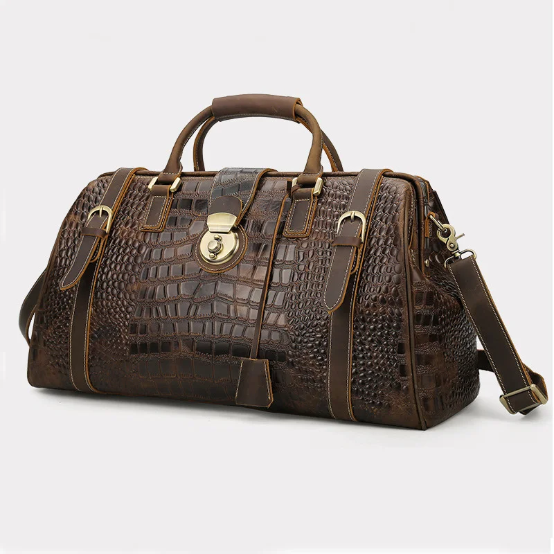 

Vintage Crazy Horse Genuine Leather Mens Travel Bag Big Capacity Crocodile Travel Duffle Bags carry on luggage bag overnight