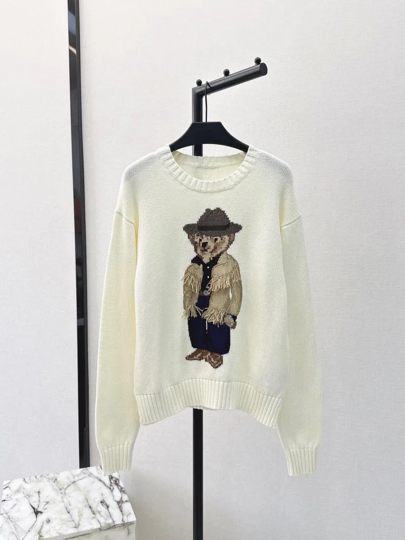 2024 Autumn/Winter New Women\'s White Casual Warm Cotton Sweater Khaki Tassel Jacket Cartoon Bear Pattern