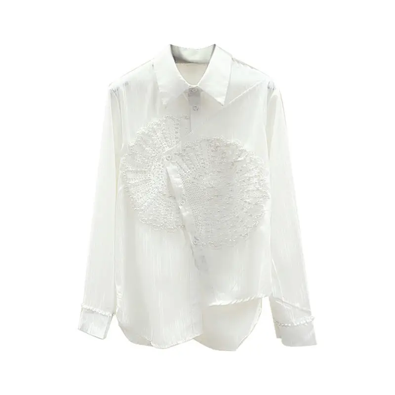 2023 Spring And Autumn White Shirt Women\'s Long Sleeve Design Sense Beaded Lace Panel Irregular Shirt Top Fashion