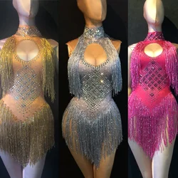 Spandex Elastic Silver Fringe Dress Gogo Dancer Costume Performance Costume Women Bodysuit Beyonce Women Nightclub Jumpsuit