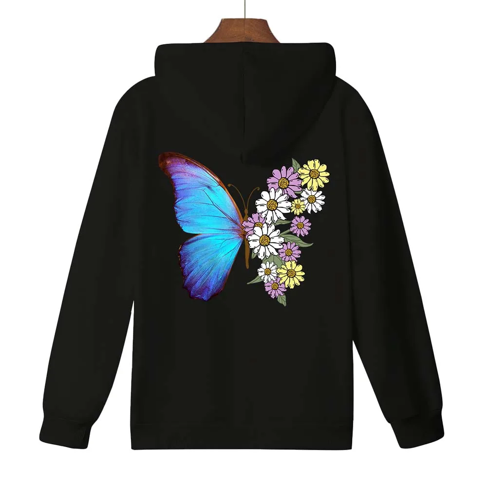 2024 Trendy women's Fall/Winter sportswear Stream women's cartoon Kawaii flower butterfly print ladies loose casual black loodie