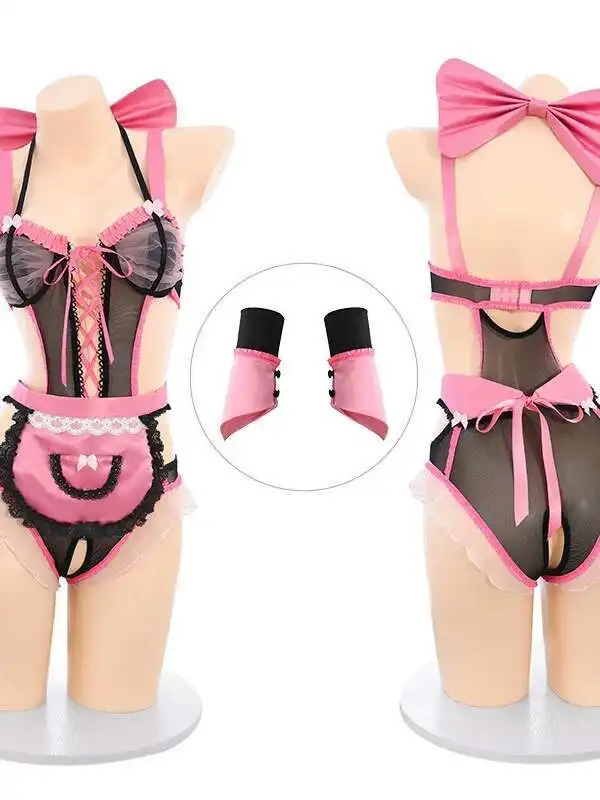 جديد لطيف كبير القوس شبكة انظر من خلال ارتداءها النساء الملابس الداخلية الدانتيل جوفاء خادمة موحدة مثير فتاة داخلية لطيف الحلو لعوب 1ICY #5