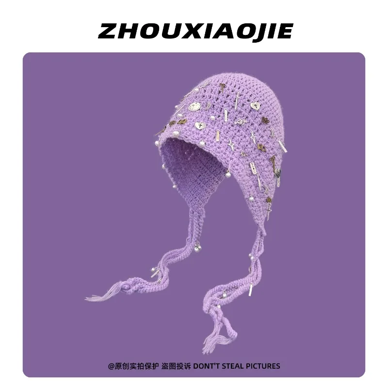 

Крутой металлический кулон в стиле панк, полые пуловеры для защиты ушей, шапки, женские осенне-зимние теплые универсальные индивидуальные шапочки с бахромой