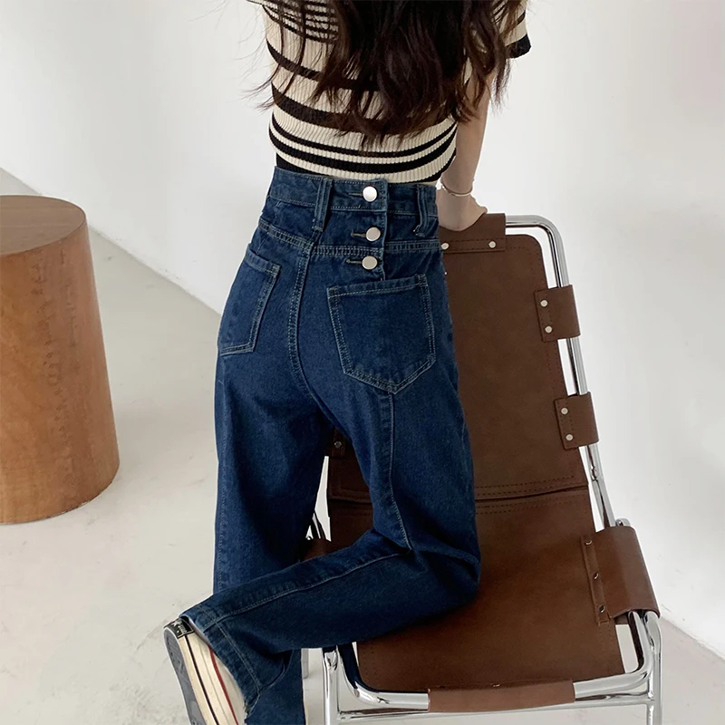 Women Retro Denim Pants High Waist Back Zip Solid Jeans Fashion Deep Blue Wide Leg Denim Trouser Female Casual Versatile Pants