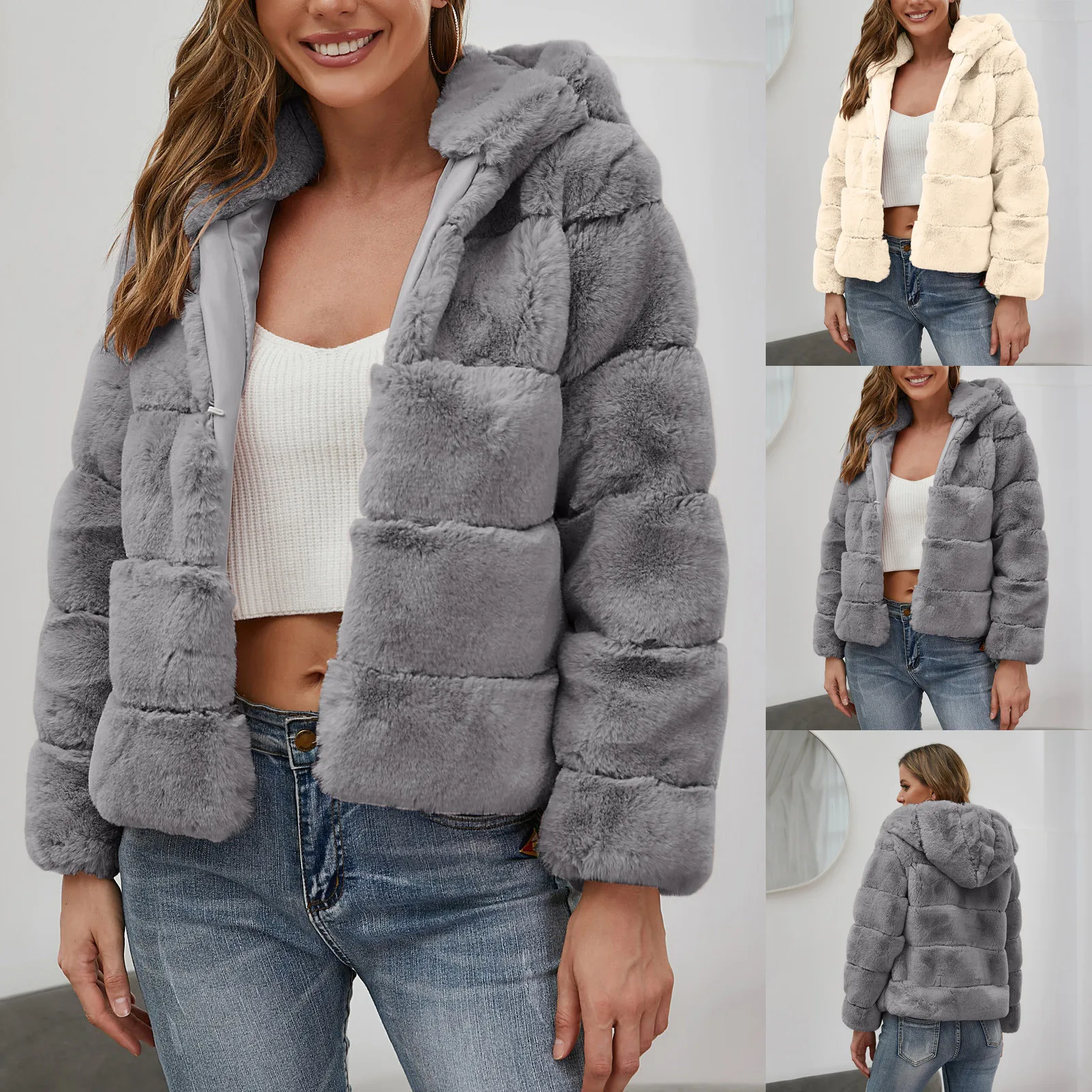 Women's Faux-Fur Trendy Quilted Jacket Puffer Casual Plush Thickened Outwear Oversized Winter Warm Hooded Windproof Sweater