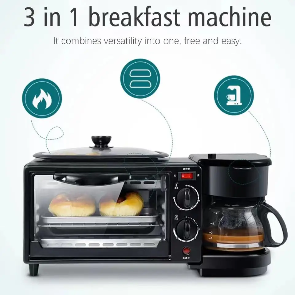 Mini máquina de hacer pan multifunción 3 en 1, horno eléctrico, cafetera, máquina de desayuno con tostadora de sándwich para uso