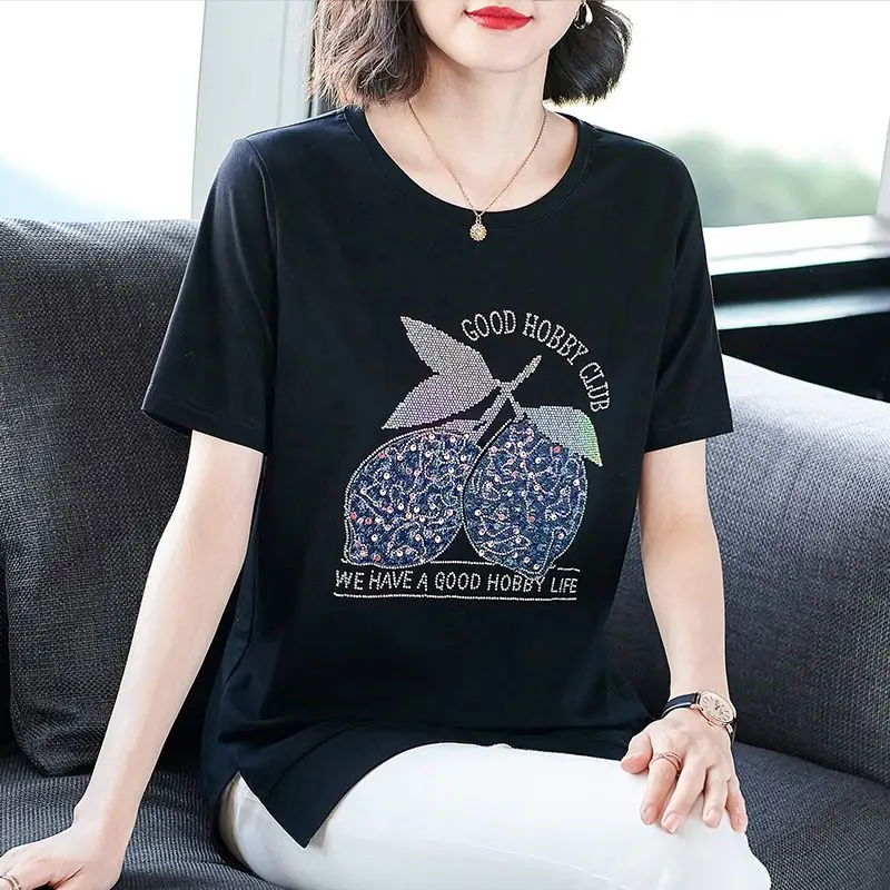 Fashion O-Neck Short Sleeve Sequined Diamonds Letter T-Shirts Women's Clothing 2024 Summer Loose Casual Tops Commuter Tee Shirt image 6