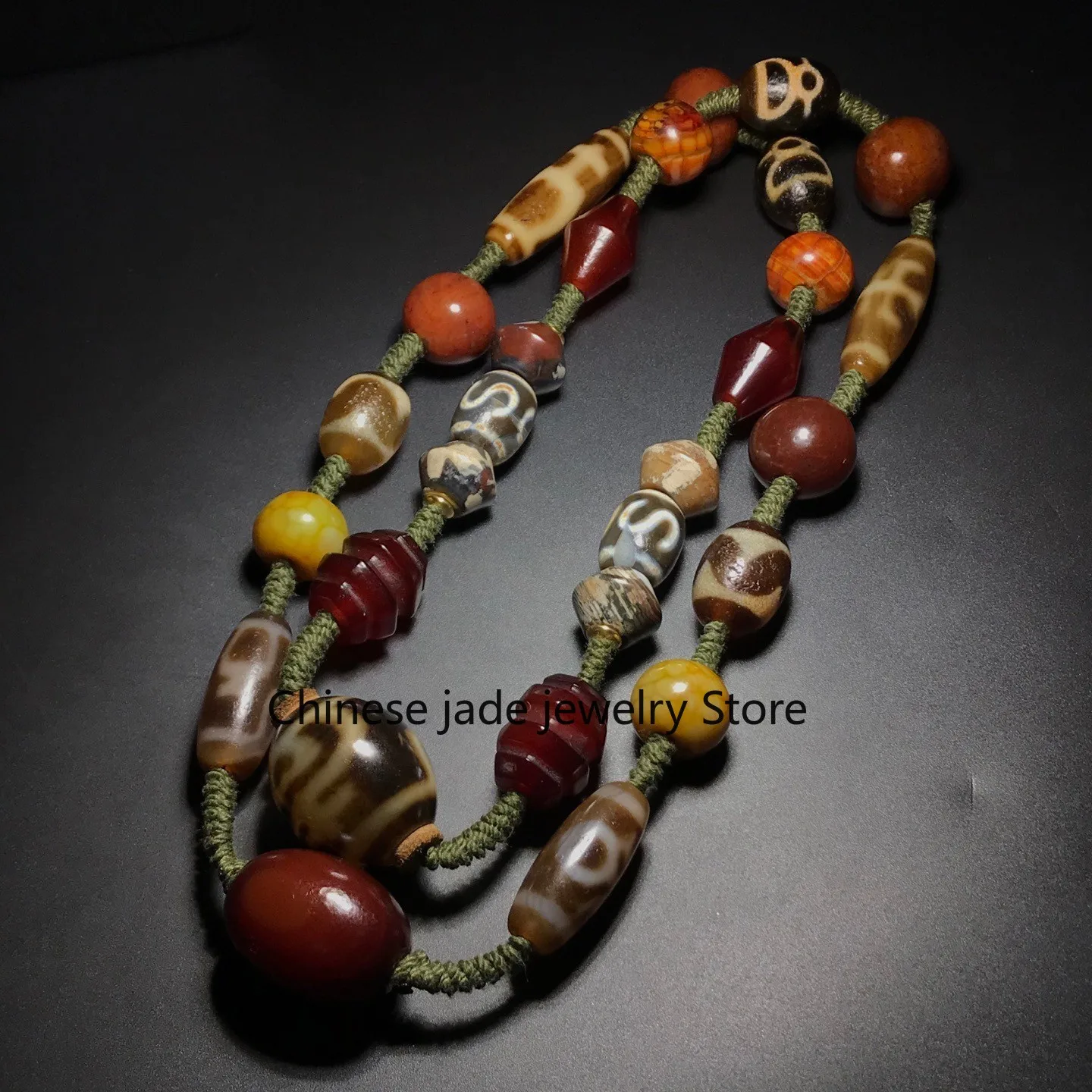 Unique Tibetan Old Agate Dzi Multiple patterns Beads Necklace J0428