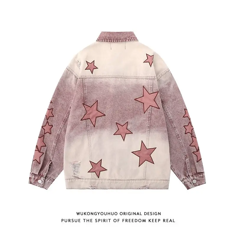 Washed Denim Jacket Patch Star Embroidery Women Coat Unisex Bomber Pink Cowboy Outwear Spring Autumn Street Jackets