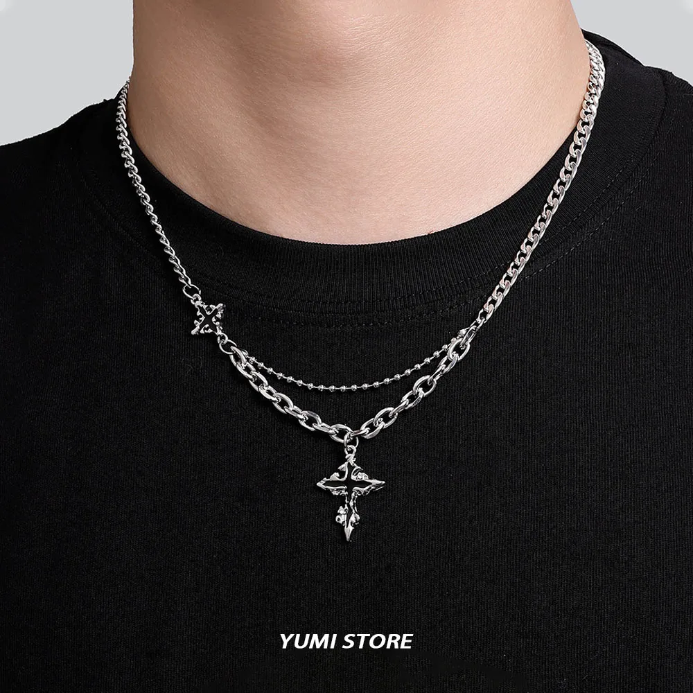 Punk Black Flame Cross Necklace For Men Women Trend Titanium Steel Chain Sweater Pendant Hip Hop Jewelry Cool Kpop Accessories