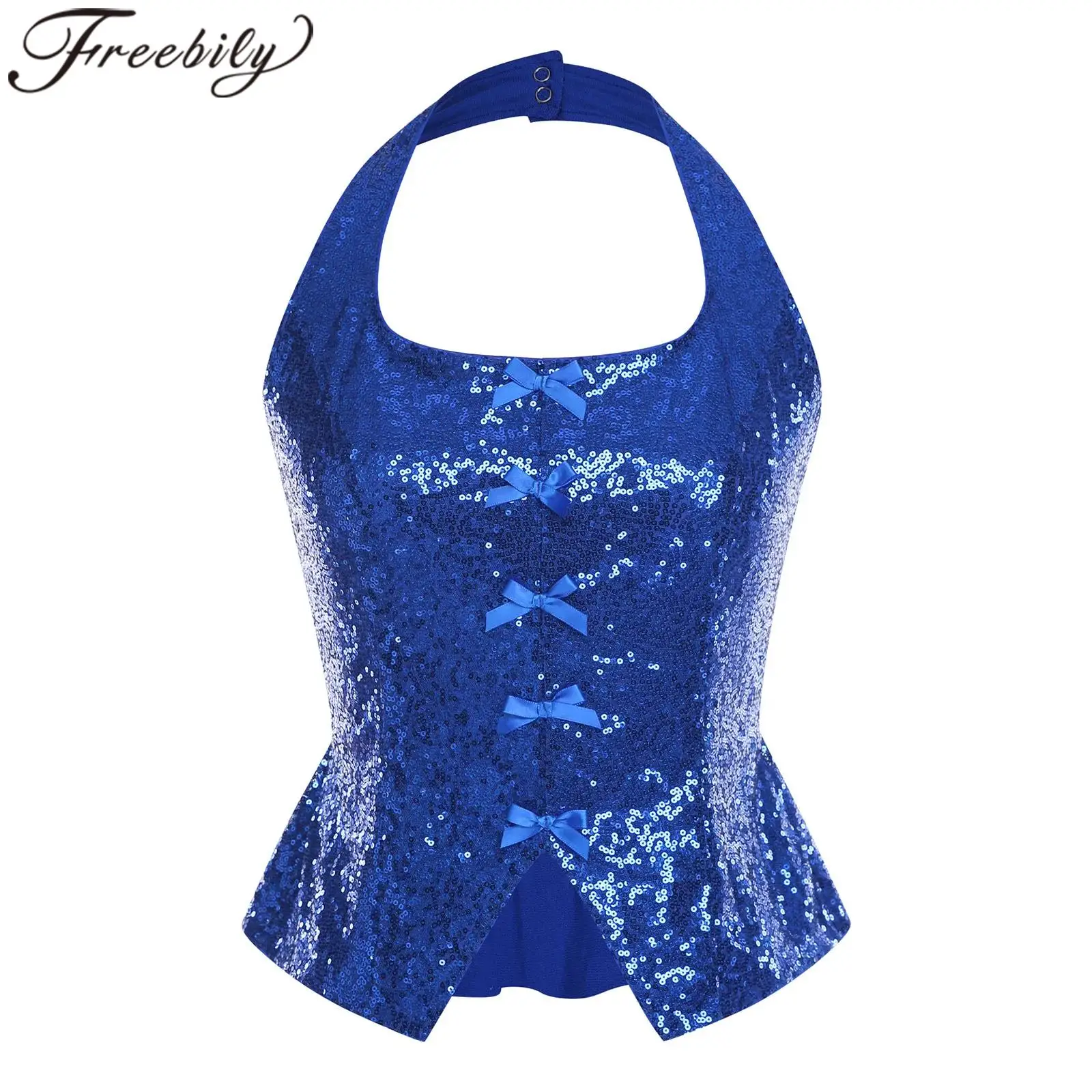 

Women's Halter Waistcoat Sparkling Sleeveless Vests Sequins Party Vest Disco Backless Tank Top Jazz Dance Performance Costume