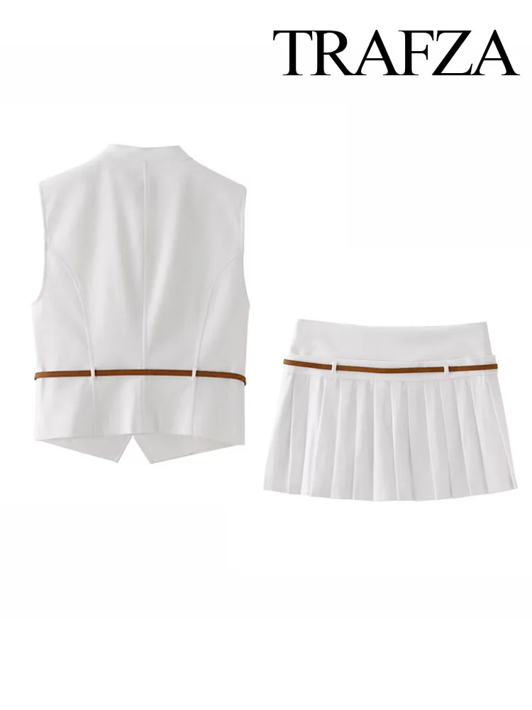 TRAFZA Women 2 Piece Set Fashion Zipper Belt Decoration Solid Sleeveless Vest Top+Vintage Slim Zipper Pleated Mini Skirt Shorts