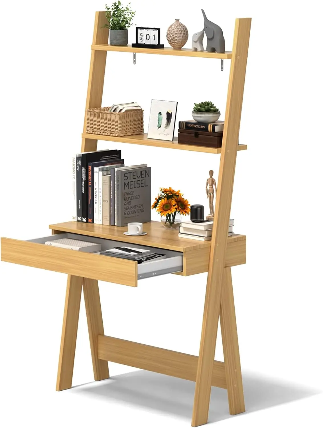 Ladder Desk with Countertop & Drawer, Freestanding 2-Tier Ladder Shelf Desk, Modern Computer Desk Laptop Table