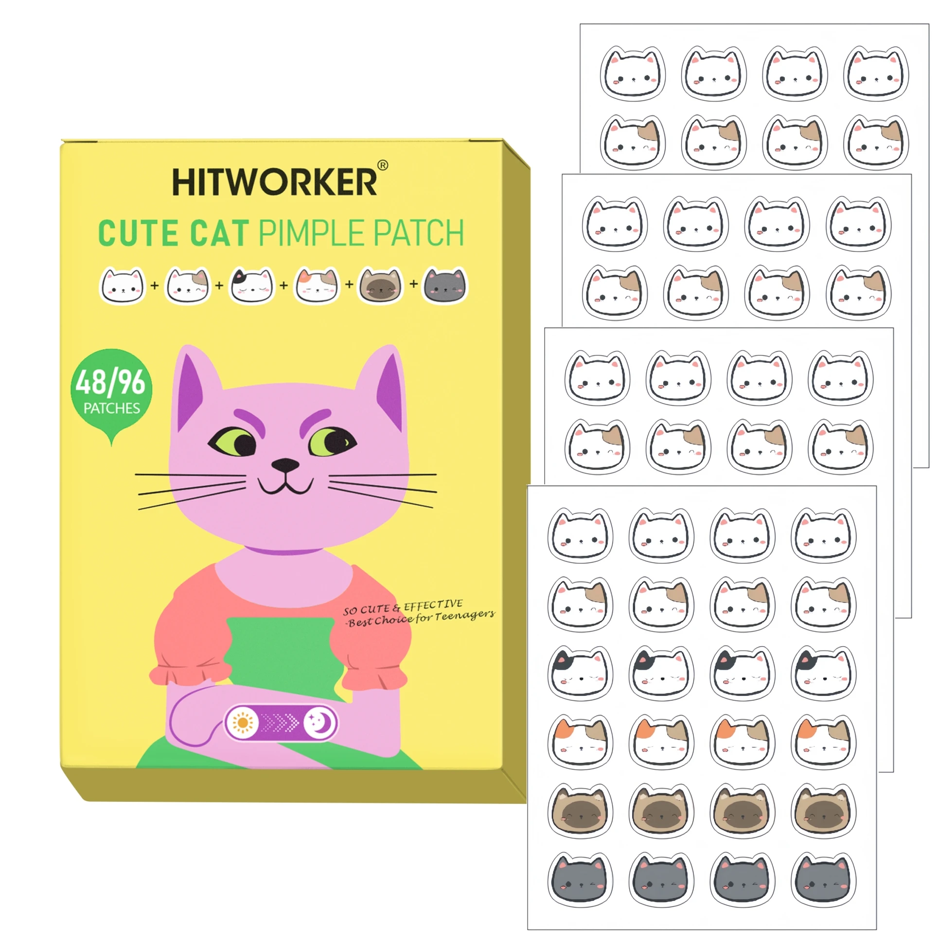 96-Piece Cartoon Cat Acne Patches Instant Spot Solution Invisible Waterproof Hydrogel Acne Patches For Acne and Pimples