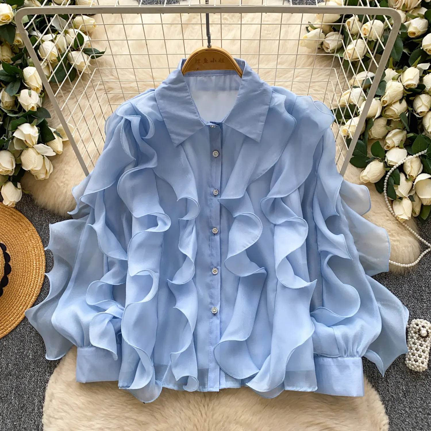 ALPHALMODA French Romantic, Ruffled Shirt for Women, Long-sleeved, Loose Cardigan, Commuter, High-end Top
