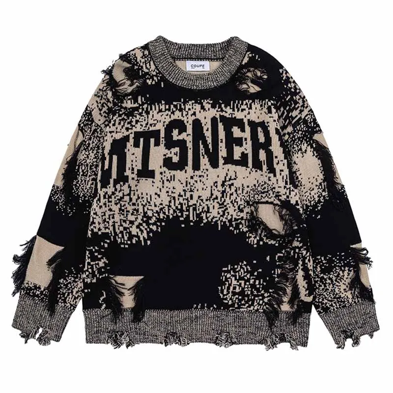 Hip Hop Ripped Fashion Sweater Harakuju Oversized Casual Pullover Tops For Male Patchwork