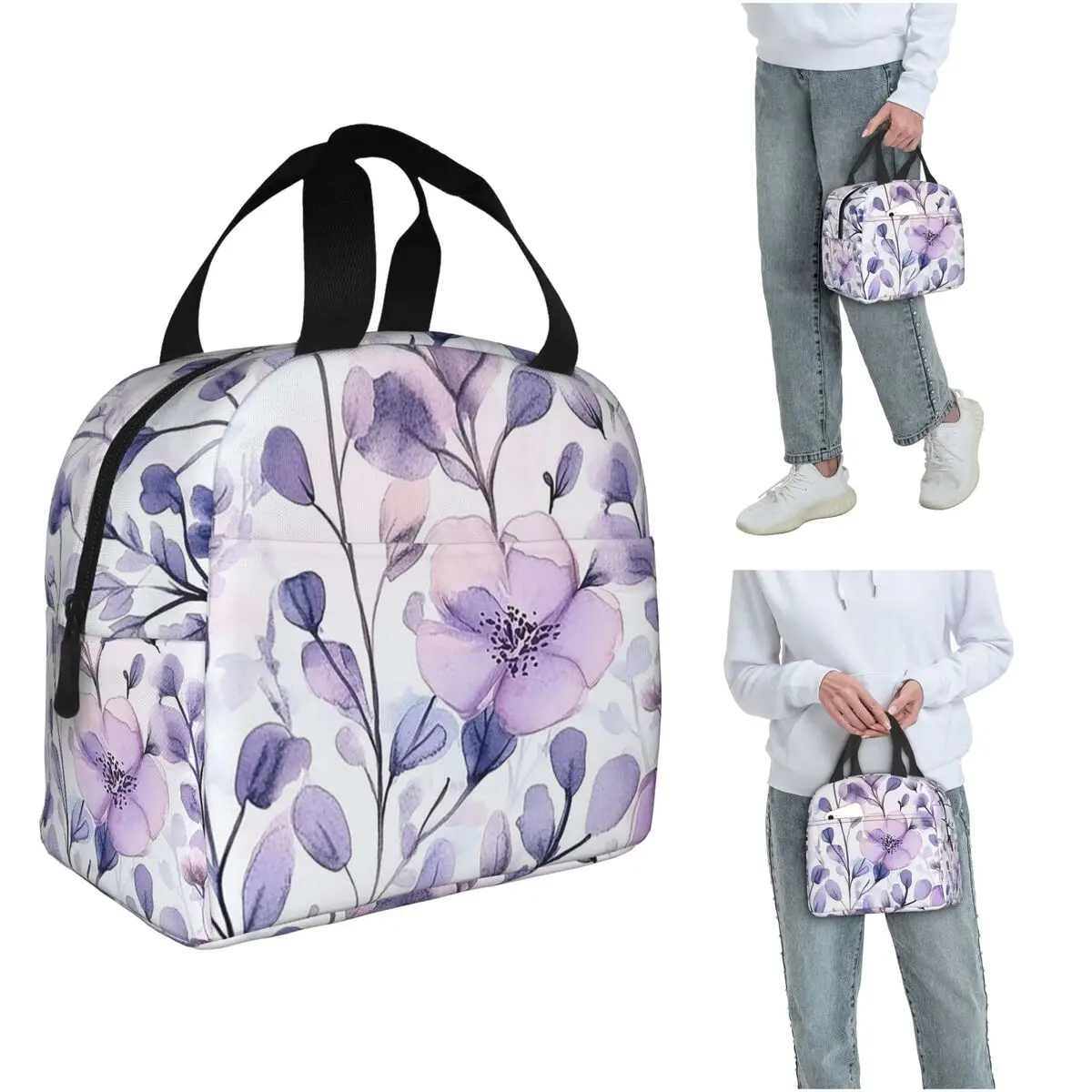 Light Purple Floral Pattern Insulated Lunch Bag for Women Children Portable Food Boxes Thermal Lunch Box Tote