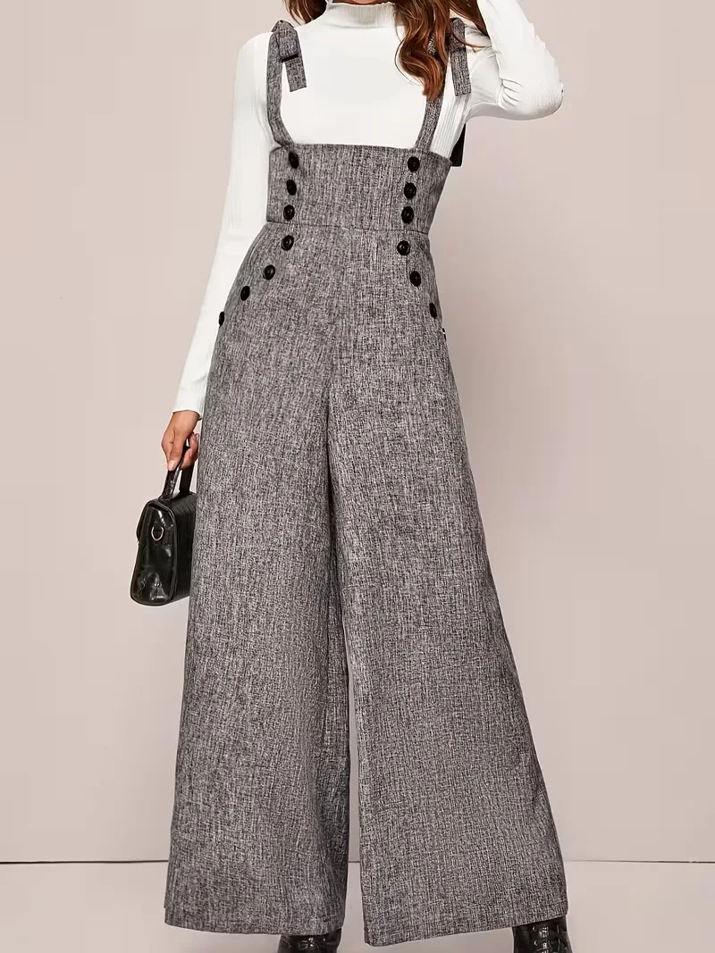 Elegant Jumpsuit Button Adjustable Wide-Leg Overalls Shoulder-Strap Loose Casual Romper High-Waist Flowy Relaxed Dungarees view 4