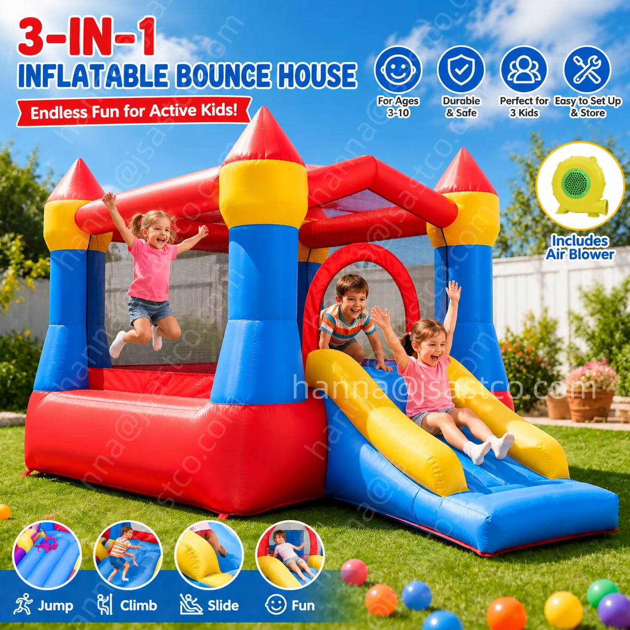 Commercial-Grade Small Indoor Inflatable Bounce House with Slide Backyard Inflatable Castle for Kids with Safety Netting