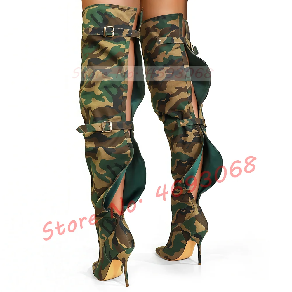 Black Wide Fit Crocodile Thigh Boots Women Streetwear Sexy Belt Buckle Pleated Shoes Ladies Trendy Back Hollow Out Long Boots view 3