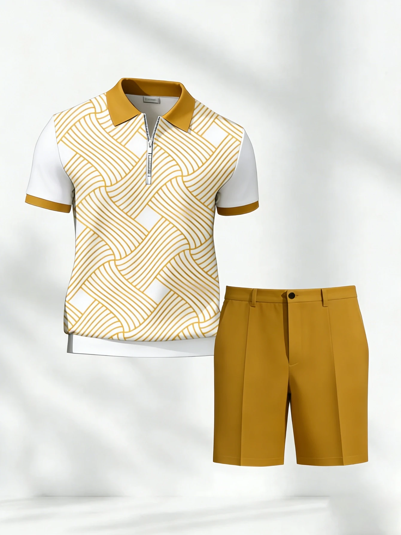 Only one top, pants not included-Men's half zip polo shirt,3D crisscross line print,daily casual vacation short sleeve tops