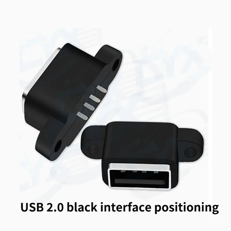 4-Pin USB 2.0 Black Socket with Screw Positioning Hole A Port 180 Degree USB Interface Socket 5