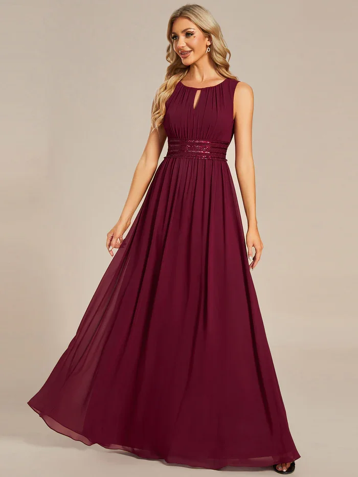 

Maxi Long Chiffon Hollow Round Neck Decor Bridesmaids Dress Simple Sleeveless A-line Chiffon Bridesmaid Dress with Hollow