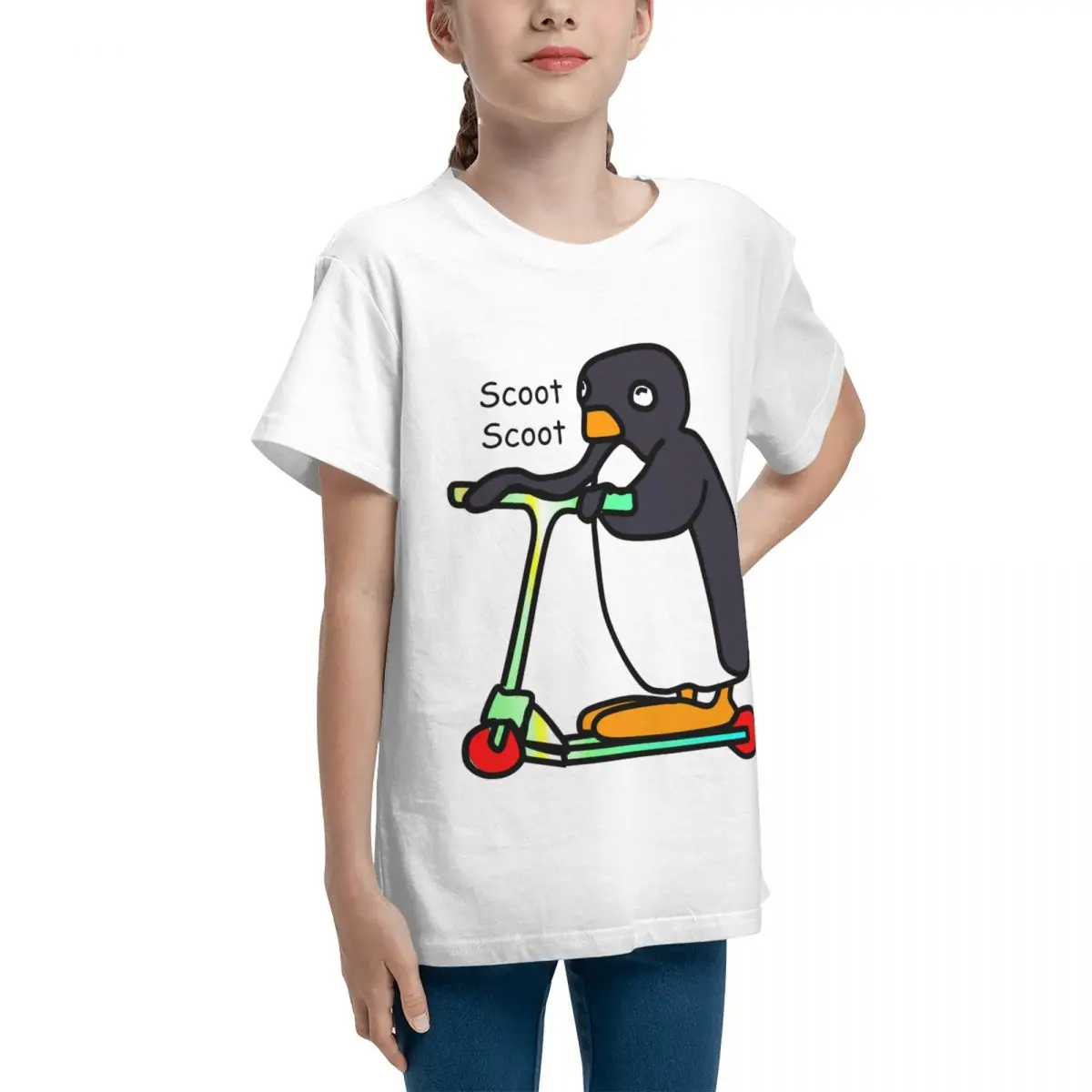 Scoot Scoot CUTE PENGUIN (Pingu) ON SCOOTER Stick  Leisure Adolescents Basic Short Sleeve T-Shirt Round neck Tshirt Novelty