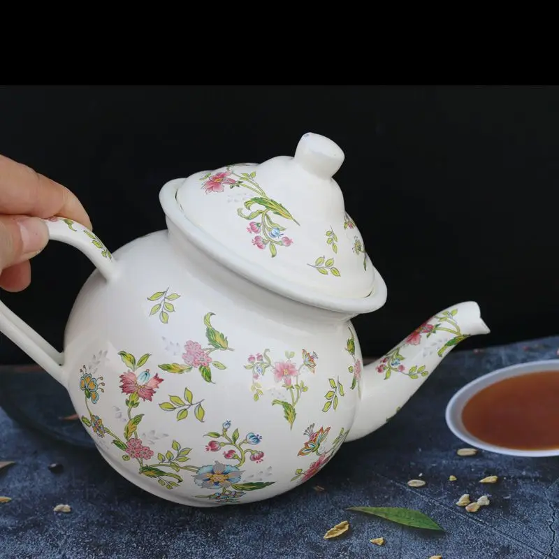 0.8 L Thickened Enamel Flower Whispering Teapot With Tea Strainer Kitchen Kettle Home Coffee Milk Pot Induction Gas Hob