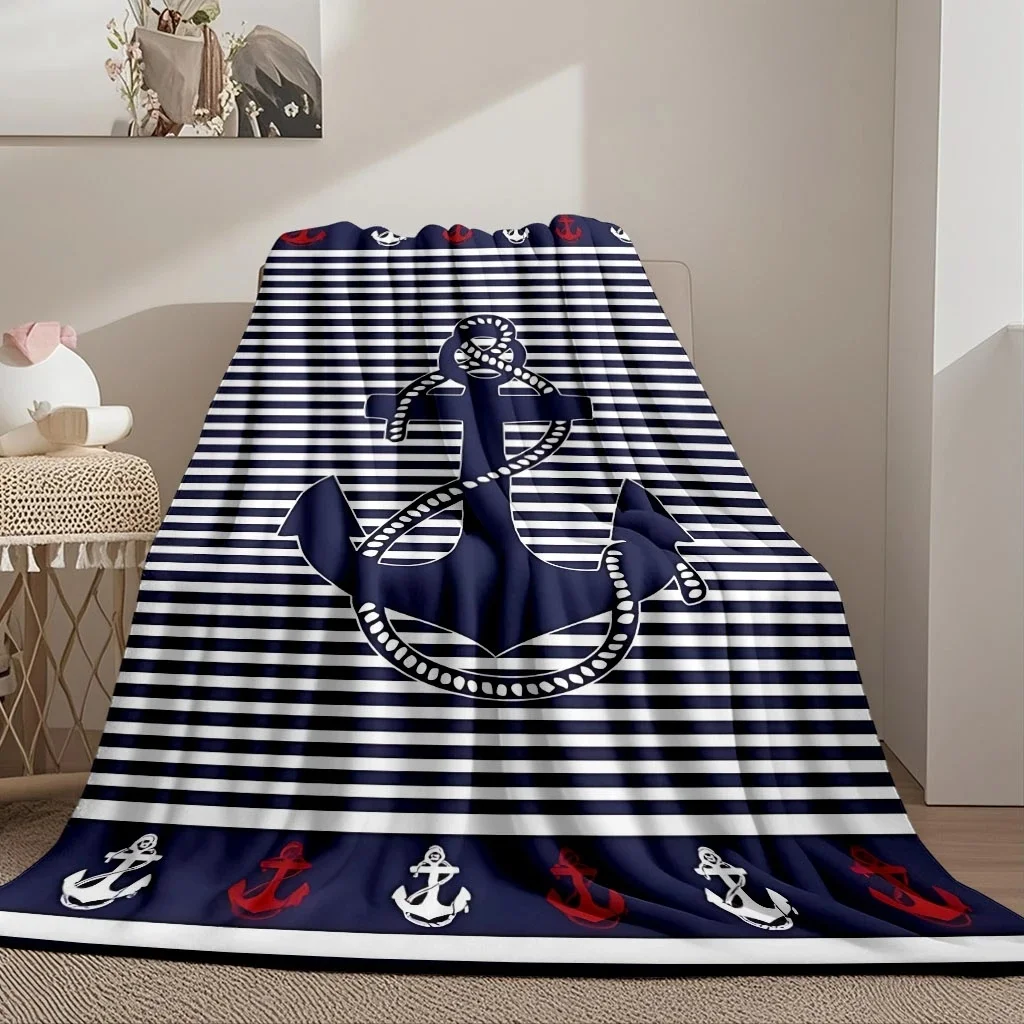 Classic ocean striped large anchor rope printed maritime border blanket, warm and comfortable blanket for autumn and winter