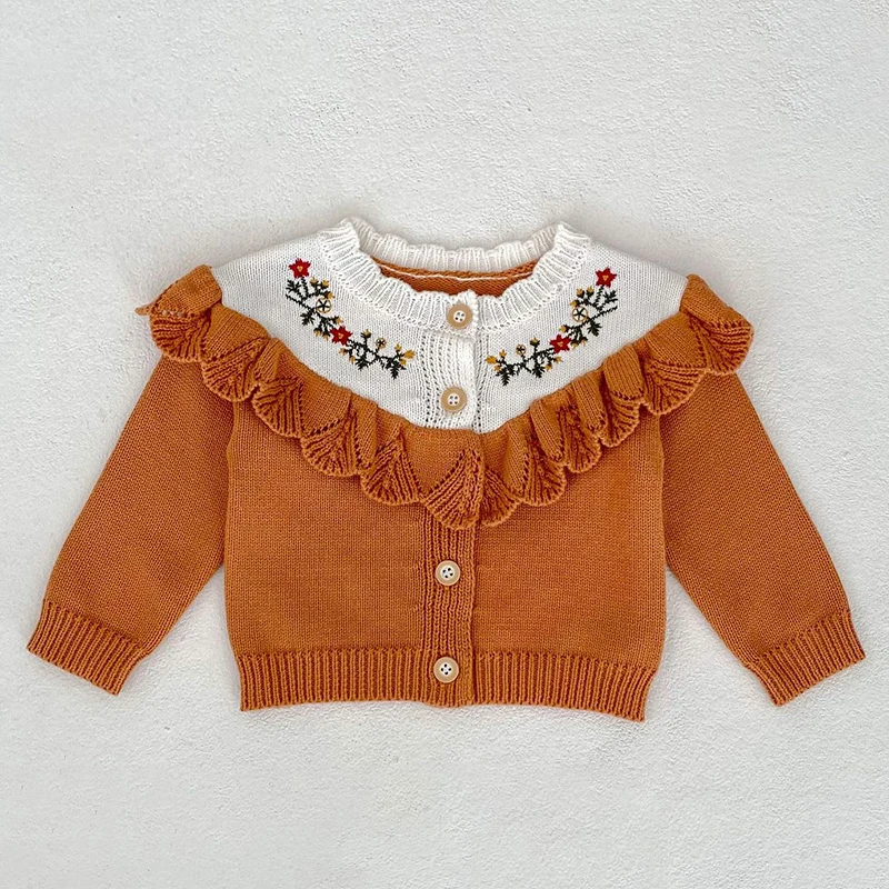 

2024 New Autumn Baby Girl Clothing Toddler Baby Girl Knitting Cardigan Long Sleeved Floral Embroidery Newborn Baby Girls Sweater