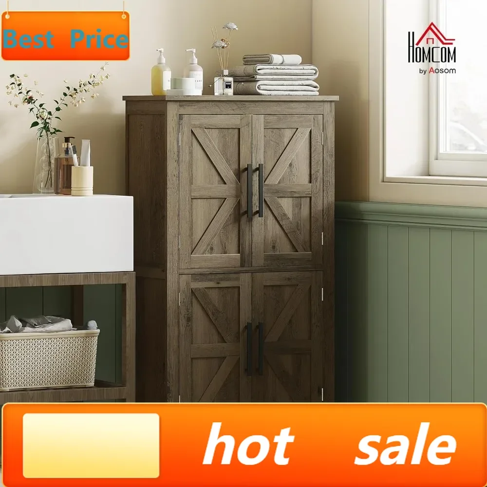 

Hot salesFarmhouse Bathroom Storage Cabinet with 4 Barn Doors, Adjustable Shelves, Freestanding Floor Cupboard, Brown