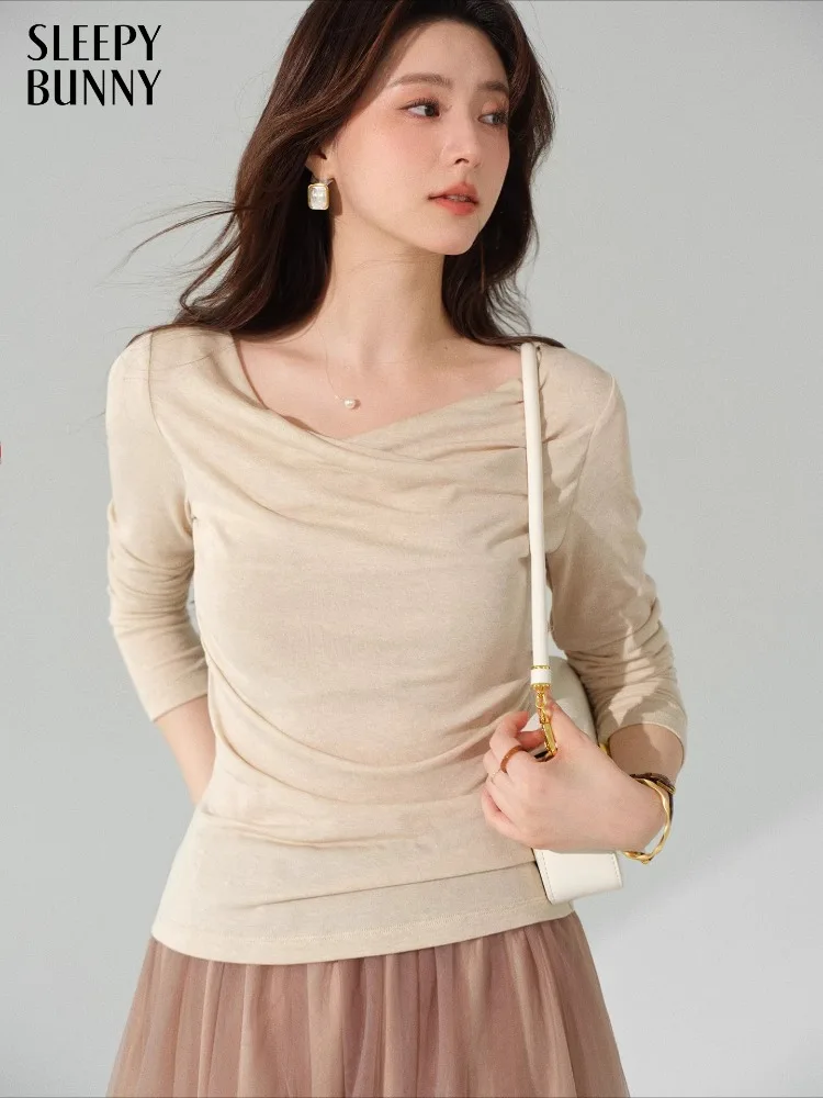 Camiseta elegante ajustada de manga larga para mujer, Top con cuello drapeado de otoño, camisa elegante con capa Base que se pega a la cintura, jersey informal de moda