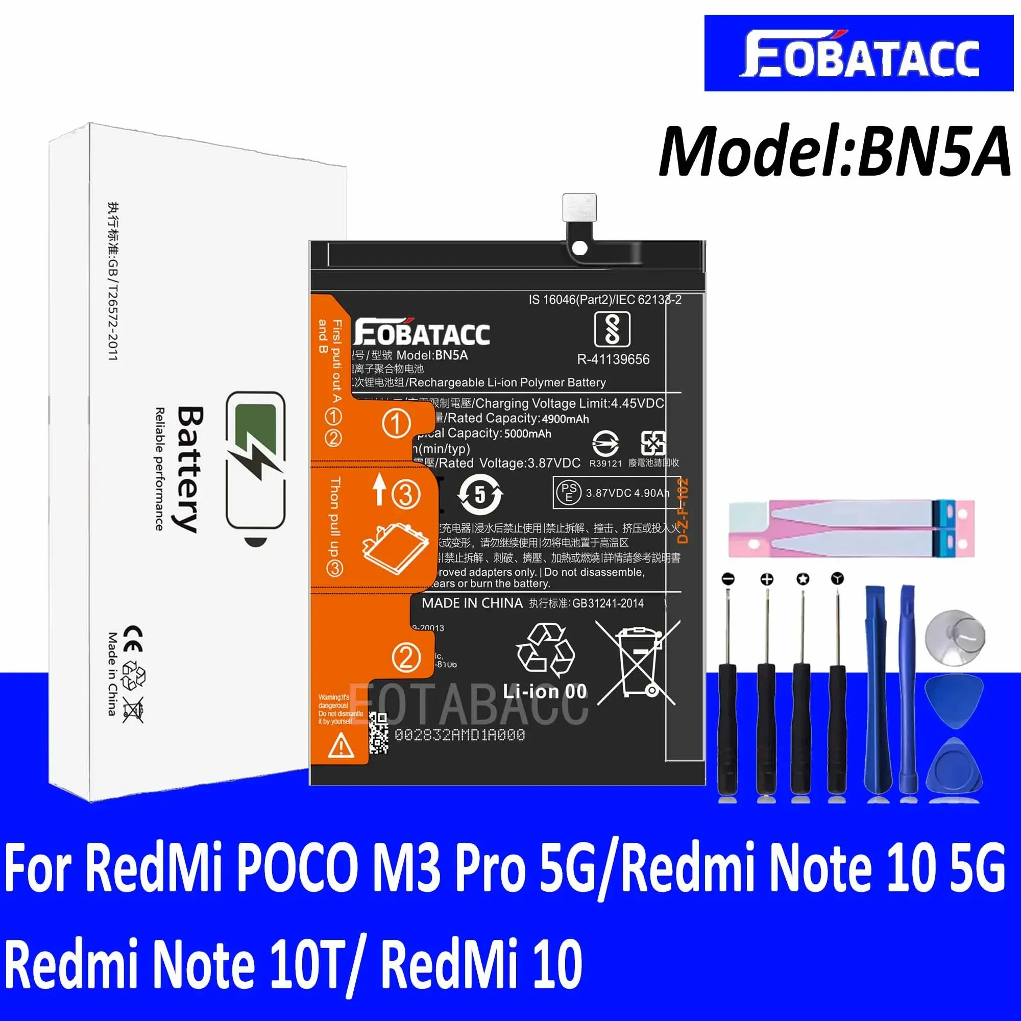 EOTABACC 100% New Original Battery BN5A For XIAOMI POCO M3 Pro 5G/Redmi Note 10 5G/Redmi Note 10T/ RedMi 10Battery +Tools