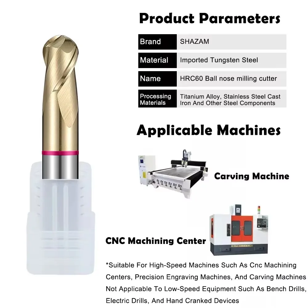 SHAZAM TGP-HRC60 2F Color Circle Ball End Mill Tungsten Steel Carbide Balchals AD Coating  Milling Cutter CNC Mechanical Endmill