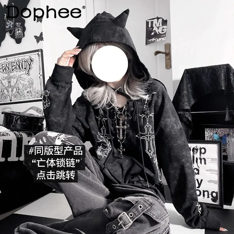 

Japanese Original Y2K Subculture Loose-fitting Hooded Chain Tie-dye Sweatshirt Dark Gothic Style Casual Pullover for Girls